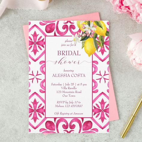 Italian Bachelorette Party Theme, Magenta Wedding Theme, Majolica Tiles, Lemon Themed Bridal Shower, Magenta Wedding, Fuchsia Wedding, Bridal Shower Inspiration, Bachelorette Invitations, Pink Bridal Shower