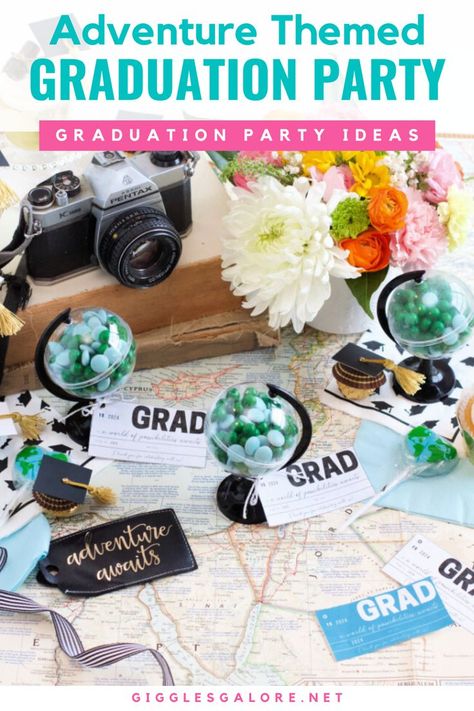 Adventure Party Decor. Candy Filled Globes. With Text Reading: Adventure-Themed Graduation Party Ideas. Adventure Awaits Graduation Party, Kid Friendly Party, Creative Party Ideas, Diy Slime Recipe, Graduation Party Ideas, Watermelon Party, Free Printable Tags, Homemade Popsicles, Adventure Theme