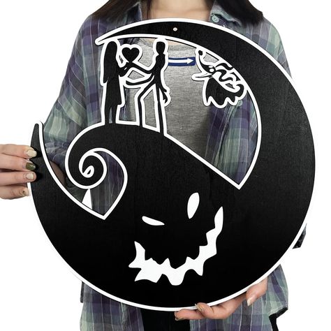 PRICES MAY VARY. Size: 13.8X13.8inch / 35X35CM Excellent Material: Odorless, durable, colorfast, sturdy, can be reused, and adorn your every Halloween party. Unique Design: This Halloween wooden sign is in the shape of a moon. It also resembles Halloween hats and ghosts.On the moon is a pair of lovers.The design of the wooden sign is very clever and unconventional. Widely Applicable: This Halloween sign is perfect for your Halloween party, Day of the Dead party, birthday party. The wooden sign c Jack And Sally Halloween, Halloween Yard Signs, Halloween Porch Sign, Day Of The Dead Party, Nightmare Before Christmas Decorations, Halloween Sign, Halloween Hats, Halloween Porch, Halloween Yard