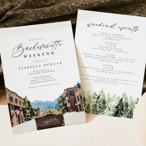 Watercolor Telluride Colorado Skyline Mountain for $2.92 - Bachelorette Party Invitations Mountain Bachelorette Party, Mountain Invitation, Hiking Bachelorette, Bachelorette Camping, Mountain Skyline, Mountain Bachelorette, Ski Bachelorette, Camping Bachelorette, Mountain Destinations