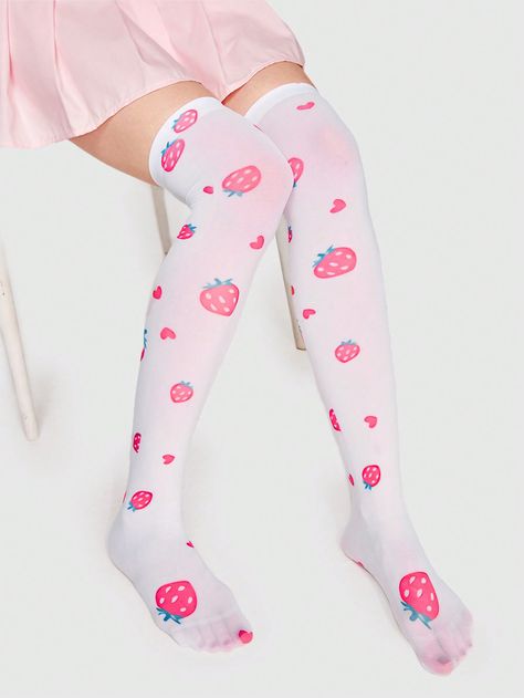 Kawaii 1pair Women Strawberry Print Over The Knee SocksI discovered amazing products on SHEIN.com, come check them out! Dessert Accessories, Ropa Aesthetic, Cute Dress Outfits, Over The Knee Socks, Strawberry Print, Project Plans, Socks And Tights, Knee Socks, Baddie Outfits Casual