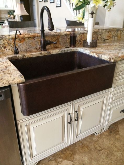 Hammered copper farm sink, moen oil rubbed bronze touch less faucet. Copper Kitchen Faucet, Copper Farm Sink, Farmhouse Makeover, Farmhouse Sink Faucet, Sink Ideas, Kitchen Sink Design, Farmhouse Ideas, Ideas Hogar, Farm Sink