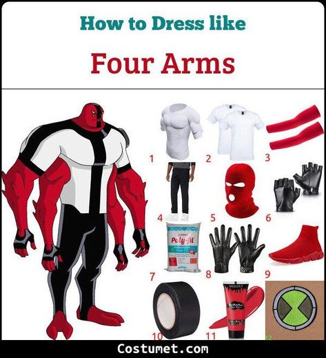 Four Arms (Ben 10) Costume for Cosplay & Halloween 2022 Ben 10 Costume, Ben 10 Cosplay, Four Arms Ben 10, Dyi Costume, Grandpa Max, Cartoon Network Studios, Half Finger Gloves, Black Halloween Dress, Four Arms