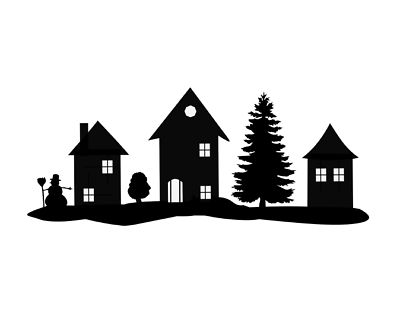 Winter Houses, Outdoor Christmas Tree Decorations, Christmas Tree Silhouette, Village Ideas, House Silhouette, Burlap Christmas Tree, Outdoor Christmas Tree, Christmas Village Houses, Silhouette Christmas