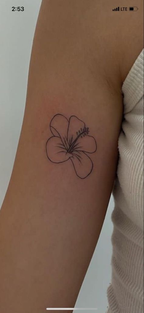 Cred to owner #flowertattoo #hibiscusflower #minimalist #finelinetattoodesign #beachtattoo Quote And Picture Tattoo, Hibiscus Flower Tattoos Simple, Dainty Hawaiian Flower Tattoo, Mini Hawaiian Tattoos, Hawaii Flower Tattoos Small, Small Summer Tattoo Ideas, Hawaii Inspired Tattoos Small, Minimalist Hawaiian Tattoo, Hawaii Tatoos Small