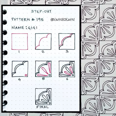 Step-out for Pattern # 195 Pattern name : Gigi Pattern by : Lizzie Mayne Steps to untangle tangle Create this pattern and tag me #varniyehkarni #varnikikarnistepouts #varnikikarni #varnikikarnipatterns #varnikepatterns #varniaisekarni #zentangle #zentangleart #zentangleinspiredart #zentanglepatterns #zentanglelove #howtodraw #howitsmade #howtocreate #stepouts #untangle #stepbystep #stepbystepdrawing #stepbystepprocess #stepbysteppattern #patterndrawing #learnzentangleart #learningt... Zentangle Tiles Step By Step, Beginner Zentangle Patterns Step By Step, Tangle Art Step By Step, Tangle Patterns Step By Step, Zentangle Step By Step, Dot Doodles, Zentangle Patterns Step By Step, Easy Patterns To Draw, What Is Art Therapy