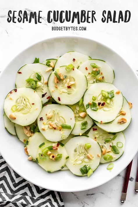 Sesame Cucumber Salad is light, refreshing, and vibrant in flavor. It's the perfect summer side dish or companion to any Southeast Asian inspired meal. Budgetbytes.com Sesame Cucumber Salad, Vegan Budget, Thai Cucumber Salad, Cucumber Salad Recipe, Budget Bytes, Vegan Salad Recipes, Cucumber Recipes Salad, Cucumber Recipes, Healthier Eating