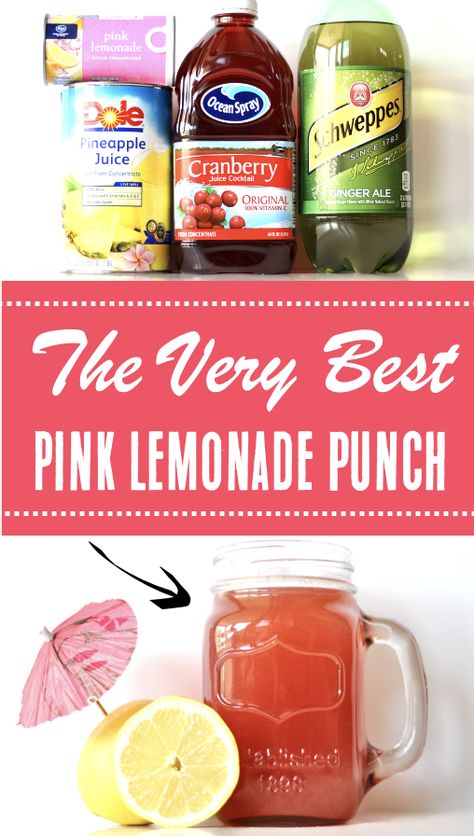 Pink Lemonade Party Punch Recipe Lemonade Non Alcoholic Drinks, Pineapple Pink Lemonade Punch, Best Punch Ever, Vodka Party Punch Recipes, Strawberry Lemonade Punch Non Alcoholic, Punch With Frozen Concentrate, 3 Ingredient Punch Non Alcoholic, Memorial Day Punch Non Alcoholic, Pink Lady Punch