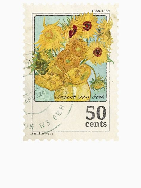 "Van Gogh Sunflowers Stamp" Classic T-Shirt for Sale by mrdavidhowell | Redbubble Post Card Sticker, Sunflower Van Gogh, Dream Stickers, Van Gogh Tattoo, Stamp Graphic, Postcard Sticker, Phone Cover Stickers, Van Gogh Inspired, Postage Stamp Design