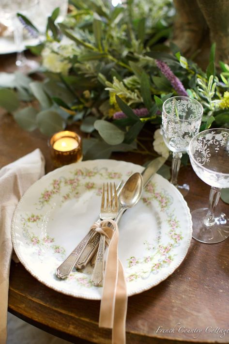 spring table plates - French country cottage French Table Setting, Spring Table Centerpieces, Table Plates, Potted Olive Tree, French Vintage Decor, Etched Wine Glasses, Etched Glassware, Vintage Wine Glasses, Green Glassware