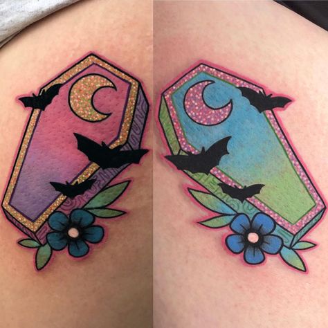 Kate Schmelter on Instagram: “Two matching spooky coffin tats just in time for Spooky Szn ✨” 333 Tattoos, Halloween Sleeve, Pretty Coffins, Coffin Tattoo, Bestie Tattoo, Skeleton Tattoos, Spooky Tattoos, Spooky Szn, Matching Halloween