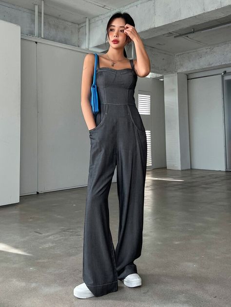 Grey Overalls Outfit, Catsuit Outfit Jumpsuits, Grey Overalls, Catsuit Outfit, Comfy Jumpsuits, Overalls Outfit, Cami Jumpsuit, Dark Gray Color, Dark Grey Color