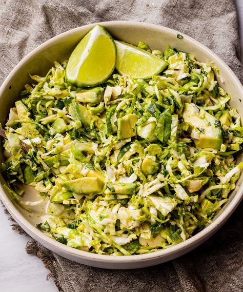 Avocado Brussels Sprouts Slaw | Exploring Vegan Brussel Sprout Slaw For Tacos, Avocado Coleslaw, Slaw For Tacos, Brussel Sprout Slaw, Sprouts Recipe, Shredded Brussel Sprouts, Summer Cookout, Vegan Mayonnaise, Slaw Recipes