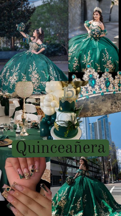 Emerald green quince Dark Green Xv Dresses, Green Theme Sweet 16, Quencinera Themes Party Ideas, Green Quince Ideas, Quinceanera Emerald Green Theme, Quinceanera Green Theme, Mexican 15 Theme Party, Dark Green Quince, Emerald Quinceanera Theme