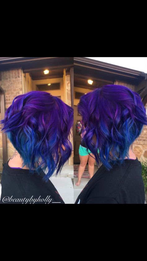 blue and purple ombré, blue hair, purple hair, blue bob, purple bob, short haircut, short hairstyles Pastel Hair Short, Bob Short Haircut, Purple Bob, Blue Purple Hair, Blue Bob, Purple Ombre Hair, Blue Ombre Hair, Short Ombre Hair, Creative Hair Color