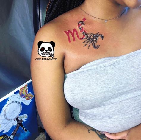 Scorpio Zodiac Tattoos Black Women, Red Ink Tattoos Females, Aries Tattoo Ideas Unique Black Women, Baddie Neck Tattoos Women, Arnell Armon Tattoos, Scorpio Tattoo Black Women, Red Tattoos Black Women, Scorpio Leg Tattoo, Scorpio Thigh Tattoo