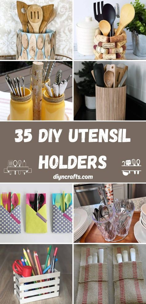 35 DIY Utensil Holders Cutlery Caddy Ideas, Plasticware Holder Ideas, Diy Silverware Holder For Party, Diy Cooking Utensil Holder, Utensil Holder Ideas For Party, Kitchen Utensil Holder Ideas, Utensil Holder Ideas, Utensil Holder Diy, Diy Kitchen Utensil Holder