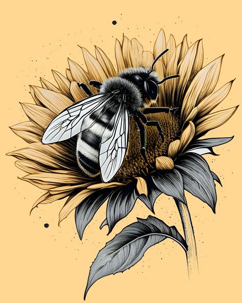 Add a touch of nature to your home with this stunning bee and sunflower drawing. The contrast between the light yellow sunflower and the black and white background is eye-catching and beautiful. Get it now on Redbubble! 🎨 #beeart #sunflowerdrawing #natureinspired #homedecor #artprints #redbubbleartist #wallart #botanicalillustration #pinterestmarketing #artcollectors Sunflower Botanical Illustration, Honey Bee Art Drawings, Bee Art Drawing, Sunflower Bee Tattoo, Sunflower And Bee Tattoo, Light Yellow Sunflower, Honey Bee Illustration, Bee On Sunflower, Bee Journal