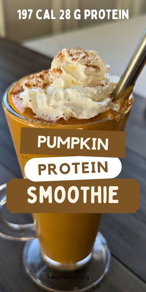 Pumpkin Spice Protein Smoothie Pumpkin Spice Protein Shake, Pumpkin Protein Shake, Low Sugar Smoothies, High Protein Drinks, Creami Recipes, Sugar Free Drinks, Pumpkin Smoothie, Protein Shake Smoothie, Ninja Creami