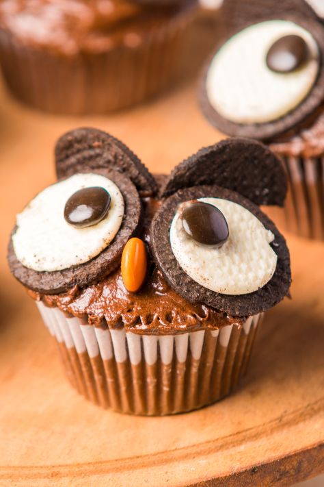 Diy Animal Cupcakes, Owl Food Art, Easy Owl Cupcakes, Owl Themed 2nd Birthday Party, Back To School Baking Ideas, Owl Cupcakes Ideas, Owl Cupcakes With Oreos, Fun Birthday Cupcakes, Animal Muffins