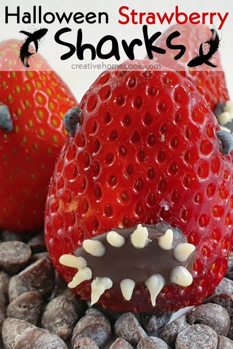 Strawberry Shark Heads Shark Strawberries, Halloween Strawberry, Strawberry Treats, Idea For Halloween, Dairy Free Eggs, Staying Healthy, Halloween Recipes, Halloween Projects, Dark Chocolate Chips