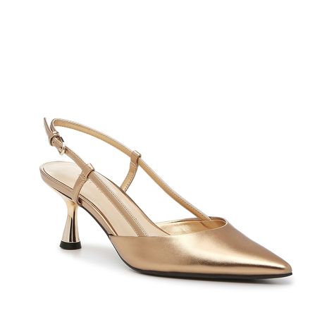 Nine West-Rillas Pump Dance the night away in the Rillas pumps from Nine West. This classic pair is complete with a sleek pointed toe, a trendy kitten heel, and a secure slingback strap design. Featuring a bronze hue that adds a touch of glam. Guest Hairstyles, Gold Kitten Heels, Wedding Guest Hairstyles, Gold Pumps, Gold Heels, Strap Design, Kitten Heel, Life Skills, Nine West