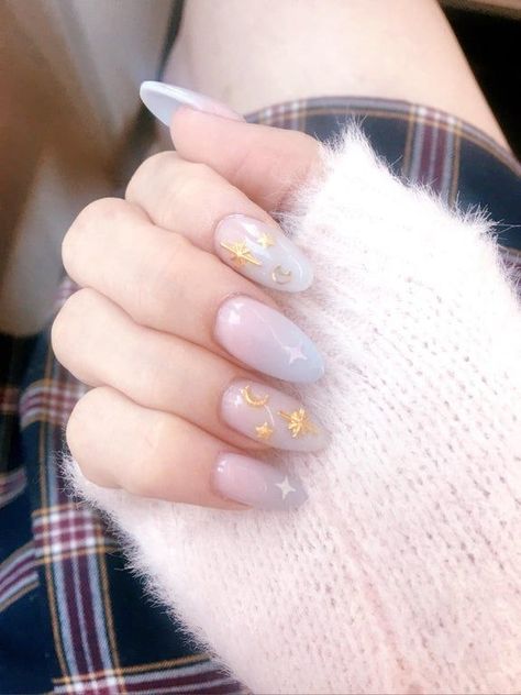 Beachy Ombre Nails Inspired by the Gradient Colors of Sunset Over the Ocean Waves Sailor Moon Nails, Aesthetic Material, Korean Nail Art, Milky Nails, Asian Nails, Moon Nails, Moon Aesthetic, Anime Nails, Sailor Moon Aesthetic