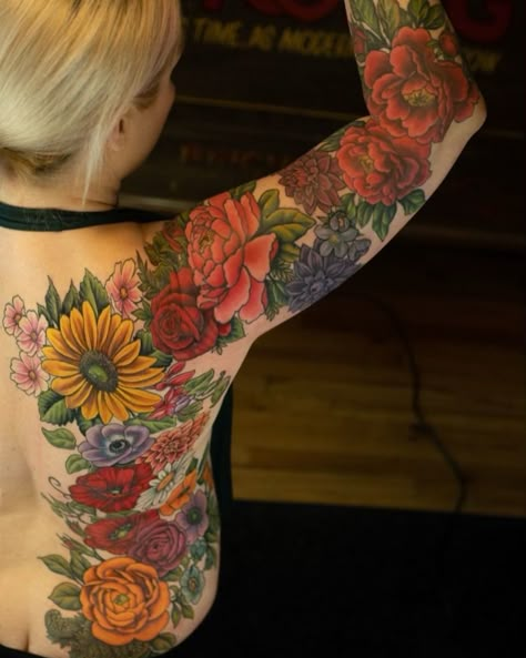 Sunflower Sleeve Tattoos For Women Color, Sunflower Tattoo Sleeve Color, Flower Half Sleeve Tattoo Color, Colored Flower Tattoos Sleeve, Traditional Floral Tattoo Sleeve, Floral Back Tattoo Women, Colorful Arm Tattoos For Women, Floral Sleeve Tattoo Color, Floral Sleeve Tattoo Pops Of Color