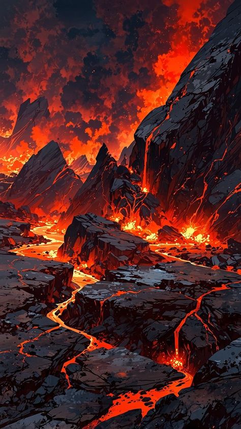 Volcanic Landscape Fantasy Art, Volcanic Eruption Landscape, Diablo Environment Concept Art, Magma Aesthetic, Volcano Concept Art, Lava Environment, Volcanic Background, Hell Concept Art, Lava Aesthetic