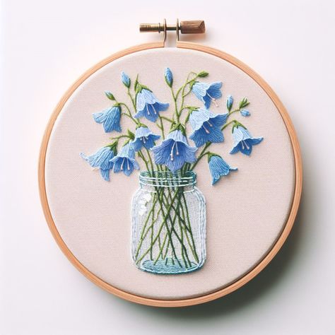 Hand Embroidery Wall Hangings, Running Embroidery Design, Flowers Hand Embroidery, Embroidery Wall Hanging, Modern Hand Embroidery Patterns, Basic Hand Embroidery Stitches, Bell Flowers, Blue Bell Flowers, Simple Hand Embroidery Patterns