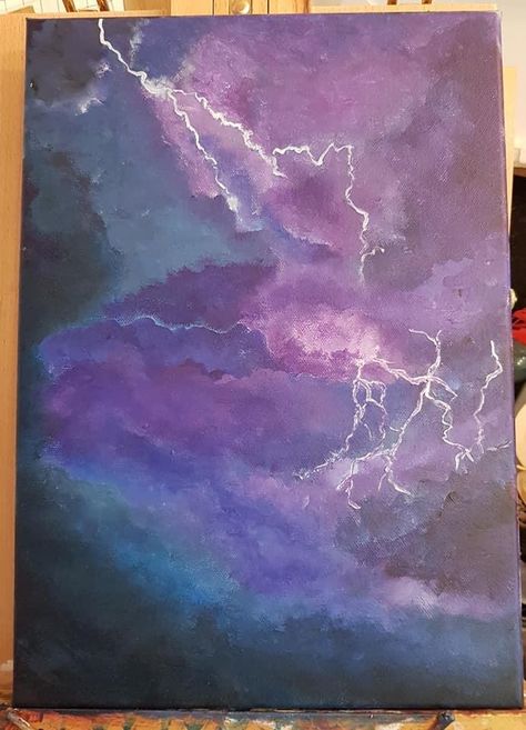 Purple Paintings Aesthetic, Acrylic Painting Blue Background, Purple Cloud Painting, Paintings With Purple Backgrounds, Purple Lightning Painting, Purple Monochromatic Painting, Lightning Painting Acrylic, How To Paint Lightning, Lightning Storm Painting