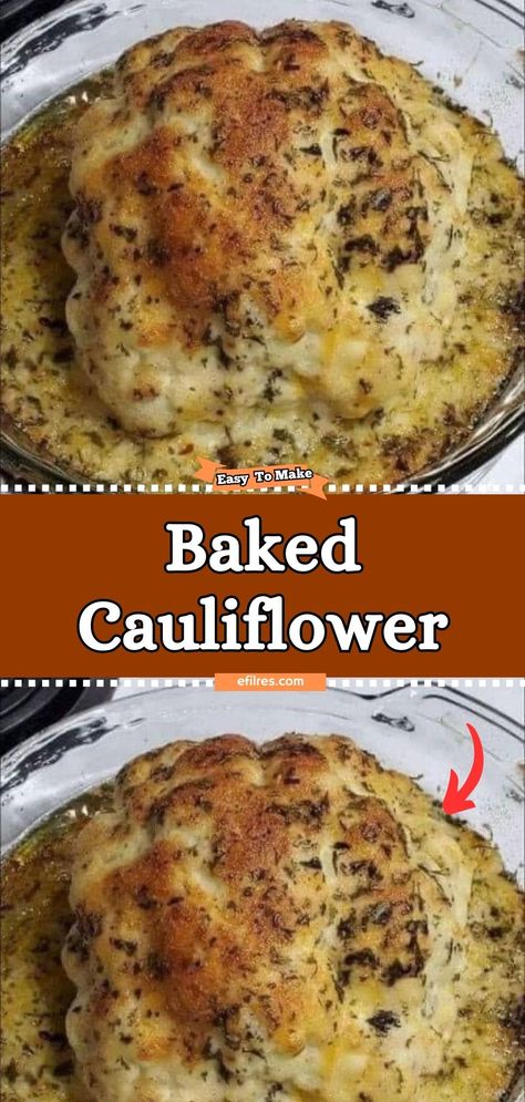 Discover the magic of Baked Cauliflower, a simple yet transformative dish that turns the humble cauliflower into a golden, crispy delight. Seasoned to perfection and roasted until just right, this dish is a versatile side that pairs well with almost anything. Get ready to fall in love with cauliflower all over again! #CauliflowerCraze #RoastedGoodness #VeggieDelight Baked Califlower, Cheesy Cauliflower Recipes, Baked Cauliflower Recipe, Cauliflower Side Dish, Cauliflower Recipes Healthy, Roasted Cauliflower Recipes, Vegetarian Main Course, Cauliflower Dishes, Whole Roasted Cauliflower