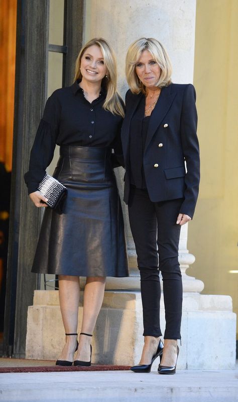 Brigitte Macron Style | POPSUGAR Fashion A Line Leather Skirt Outfit, Blue Leather Skirt, A Line Skirt Outfits, Angelica Rivera, Leather A Line Skirt, Black Skirts, French Women Style, French People, Leather Skirts