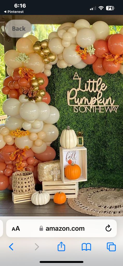 Our Little Pumpkin Baby Shower Ideas, Baby Shower Diy Decor, Fall Baby Shower Backdrop, November Baby Shower Themes, Fall Balloon Arch, November Baby Shower, Garland Ideas, Baby Shower Backdrop, Baby Shower Pumpkin