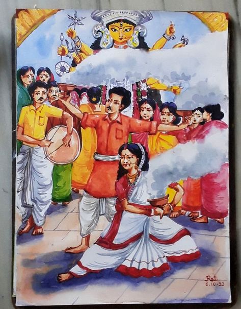 Best durga puja water color painting....#by RAI GHOSH Durga Puja Painting Composition, Bengali Durga Puja Drawing, Durga Puja Senary Drawing, Indian Festivals Painting, Festival Painting Watercolor, Festival Composition Drawing, Durga Pooja Drawing, Durga Puja Festival Drawing, Durga Pujo Drawings