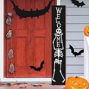 Welcome Sign Front Door Family Name, Frankenstein Porch Sign, Rustic Porch Signs, Standing Welcome Sign Front Door, Halloween Welcome Sign Diy, Front Porch Leaner Sign, Fall Halloween Decor Porch, Halloween Door Signs Front Porches, Welcomeish Sign