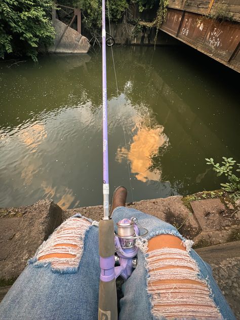 Fishing pole, ProFISHiency, stream queen combo rod, cowgirl boots, country outfit, country clothes, ripped jeans, fishing, sunset Fishing Aesthetic, Cat Fishing, Steelhead Trout, Fishing Poles, Fall Fishing, Cow Decor, Fishing Pictures, Action Shots, Fishing Game