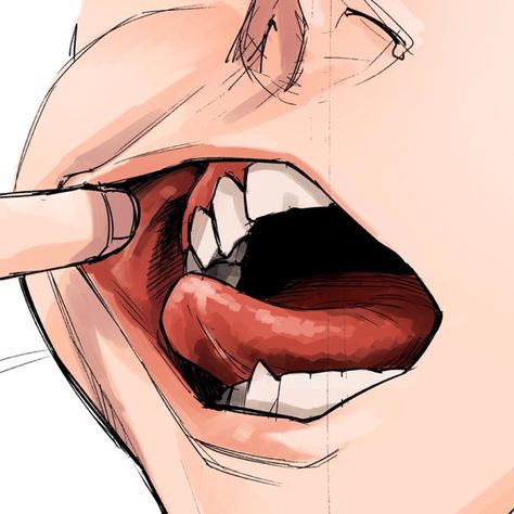 Yuto Sano Teeth, Yuto Sano Mouth, Mouth Open Drawing Reference, Fangs Drawing References, Teeth Reference Photos, Teeth Pose Reference, Anime Teeth Reference, Mouths Drawing Reference, Hand In Mouth Reference