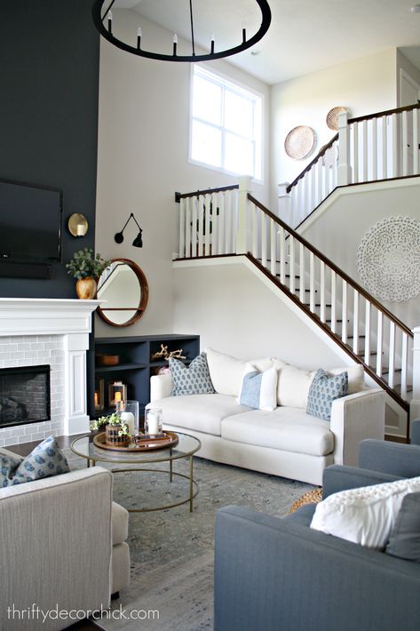 Dark blue gray color on big fireplace walls Diy Wood Picture, Pottery Barn Kitchen, Pottery Barn Look, Picture Ledges, Pottery Barn Living Room, Kitchen 2020, Barn Kitchen, Barn Living, Thrifty Decor Chick