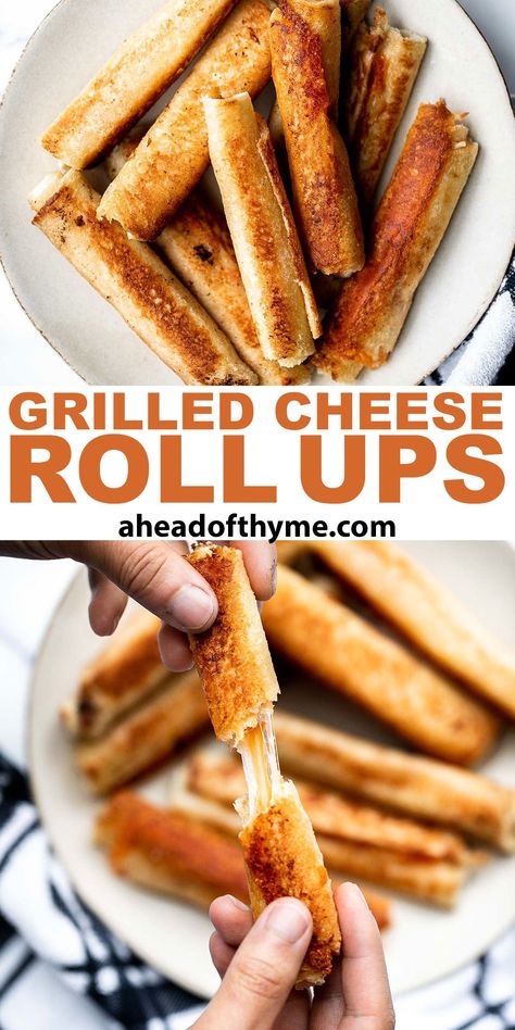 Grilled cheese roll ups are exactly what they sound like: a fun twist on a classic grilled cheese that gives you a hot handheld lunch to enjoy on its own or with a bowl or hot soup. Ready in under 15 minutes, these grilled cheese roll ups are the perfect kid-friendly lunch for back to school, as a last-minute meal on those weekdays when dinner escapes you, or as a midnight snack. These are a crowd favorite that will satisfy your cravings. | aheadofthyme.com #grilledcheeserollup via @aheadofthyme Rolled Grilled Cheese Sandwich, Baked Cheese Roll Ups, Crescent Roll Grilled Cheese, Rolled Grilled Cheese, Grilled Cheese School Lunch, Grilled Cheese Dippers, Grilled Cheese Roll Ups Air Fryer, Grilled Cheese Appetizers Mini, Make Ahead Grilled Cheese