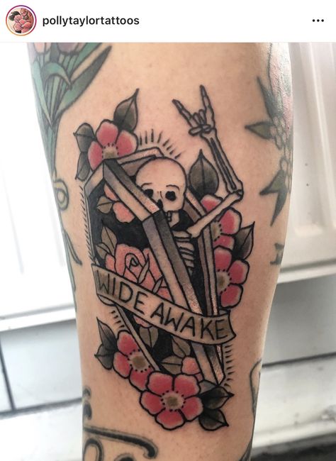 Neo Traditional Coffin Tattoo, Coffin Tattoo Traditional, Traditional Tattoo Coffin, Small Neo Traditional Tattoo, Gravestone Tattoo, Trad Sleeve, Traditional Tattoo Arm, Coffin Tattoo, Traditional Tattoo Inspiration