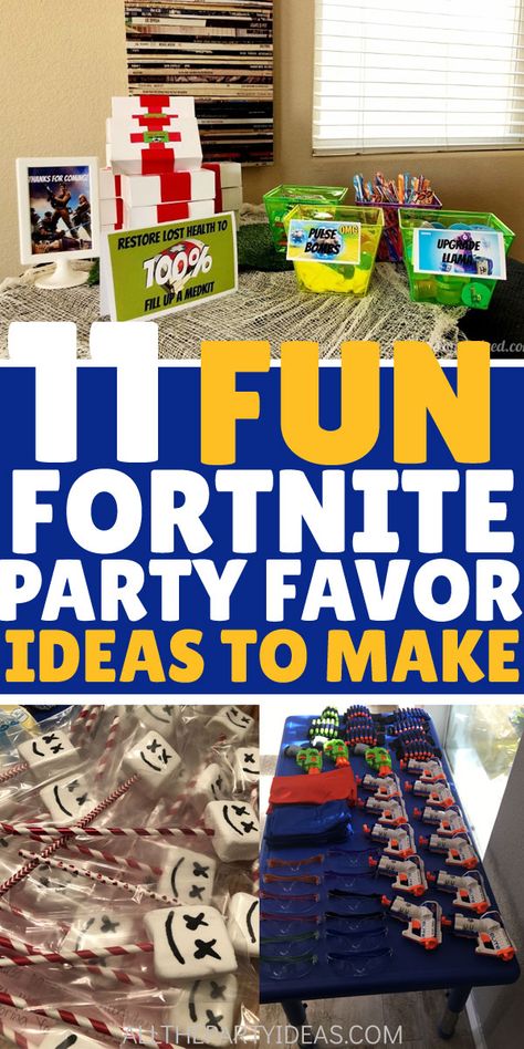 FORTNITE PARTY FAVORS and GOODIE BAG IDEAS on a budget for kid and teen birthdays for boys and girls, baby showers, weddings, Valentine’s Day and more. Simple tutorials and how-tos for party game crafts and gifts for guests to take home. Slurp juice, shield potion, boogie bombs, medkits, cookies, candies, treats, and more! Find free printables #fortniteparty #fortnitebirthday #birthdaypartyideas #partyfavors Fortnite Birthday Gift Bags, Fortnite Party Favors Ideas, Fortnite Birthday Party Favors, Fortnite Goodie Bags, Fortnite Goody Bag Ideas, Fortnite Favors, Fortnight Birthday Party Ideas, Fortnite Crafts, Fortnite Party Favors