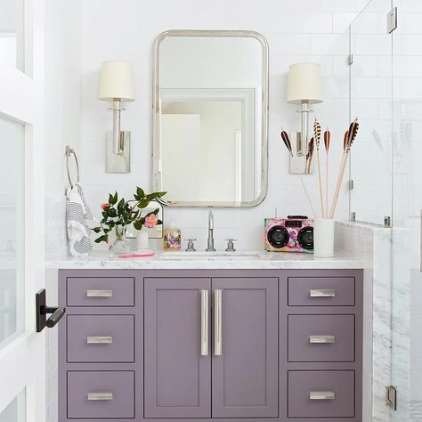 Purple Vanity Bathroom, Lilac Bathroom, Purple Cabinets, Lavender Bathroom, Frameless Vanity Mirrors, Purple Bathroom, Silver Bathroom, Purple Bathrooms, Wood Bathroom Vanity