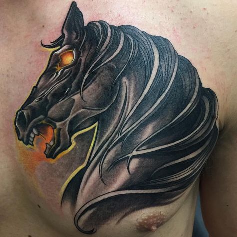 Crazy horse tattoo by @tat2yeti Crazy Horse Tattoo, Angry Horse Tattoo, Black And Grey Horse Tattoo, Evil Horse Tattoo, Demon Horse Tattoo, Dark Horse Tattoo Ideas, Viking Horse Tattoo, Horse Tattoo Design For Men, Traditional Horse Head Tattoo