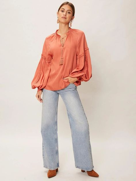 SHEIN Viscose Balloon Sleeve Top | SHEIN USA Coral Top Outfit, Denim Pants Outfit, Rock Jeans, Coral Blouse, Coral Top, Balloon Sleeve Top, Top Outfit, Short Coat Jackets, Plain Tops