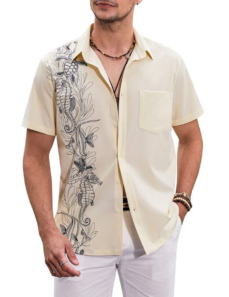 PRICES MAY VARY. 【Soft Material】The mens button down short sleeve shirts made of lightweight and comfortable fabric, smooth silky feeling very flattering, comfortable to wear to keep you cool all day. 【Stylish Floral Design】The hawaiian shirt for men is designed with button down closure, short sleeve, left chest patch pocket. Attractive styling and sharp print, as if you're been on holiday on a tropical island. 【Easy to Match】This tropical shirt is easy to match with casual shorts, slacks, jeans Plants Graphic, Mens Beach Shirts, Hawaiian Fashion, Cuban Shirts, Floral Hawaiian Shirt, Shirt With Pocket, Flower Plants, Prints Design, Linen Shirt Men