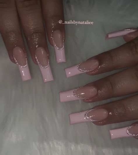 Light Pink French Tip Nails With Glitter, Light Pink French Tip Acrylic Nails, Coffin Light Pink Nails, Light Pink Nails French Tip, Light Pink Acrylic Nails Coffin, Baby Pink Nails With Rhinestones, Simple Light Pink Nails, Light Pink French Nails, Baddie Acrylics