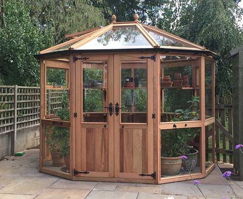 Greenhouse Gazebo, Wooden Garden Buildings, Timber Greenhouse, Cedar Greenhouse, Victorian Greenhouses, Cedar Paneling, Cedar Shingle Roof, Wooden Greenhouses, Backyard Greenhouse