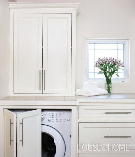 Multiply solutions on one page for contrast. Driven By Décor: Ideas for Hiding the Washer and Dryer Concealed Laundry, White Laundry Room, Hidden Laundry, Laundry Room/mud Room, Driven By Decor, Stackable Washer And Dryer, White Laundry, Mudroom Laundry Room, Shaker Style Cabinets