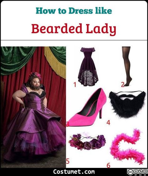 The Bearded Lady costume is wearing silk gowns for her shows. In fact, her most notable gown is a pink, purple, and black silk combination.            #Movies #movies #female #fat #TheGreatestShowman Bearded Lady Costume, Carnevil Halloween, Travelling Circus, Beard Competition, The Bearded Lady, Musical Characters, Silk Gowns, Diy Beard, Diy Costumes Women